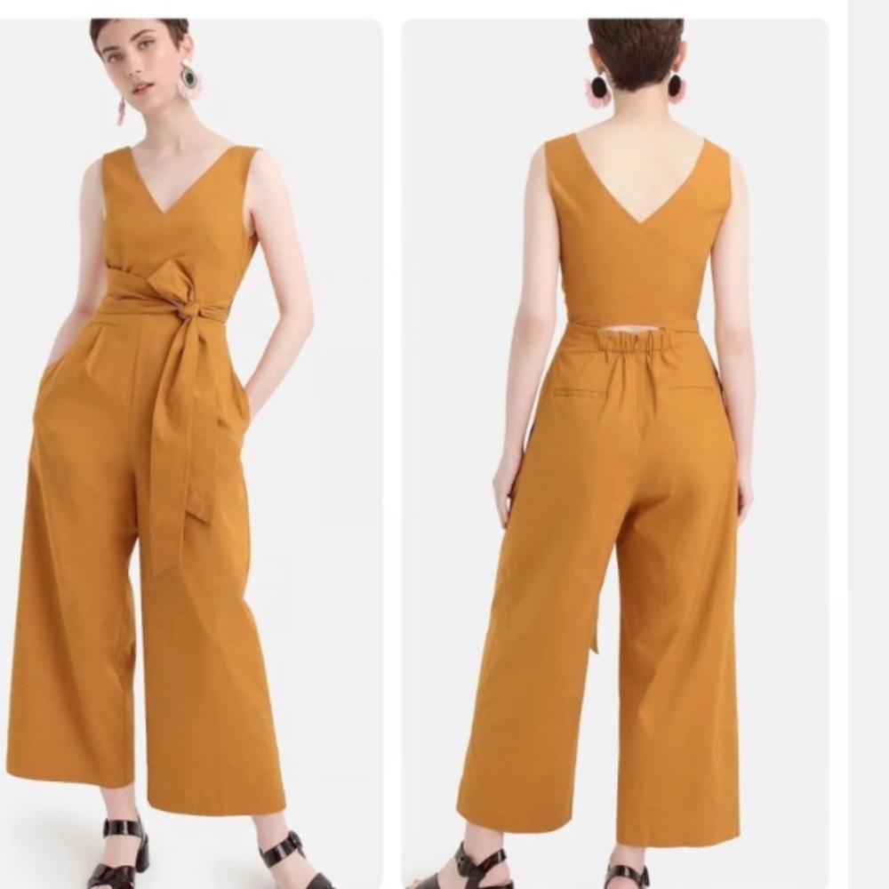 J crew poplin mustard yellow sleeveless v neck tie waist jumpsuit size 0